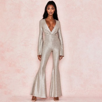 Cryptographic 2019 Winter Sexy V-Neck Glitter Jumpsuits Elegant Long Sleeve Overalls for Women Flare Jumpsuit Party Club